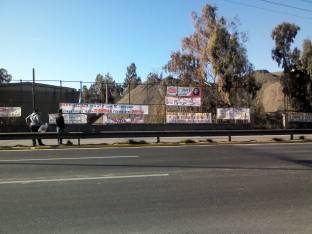 The banners of solidarity cover both sides of the national road